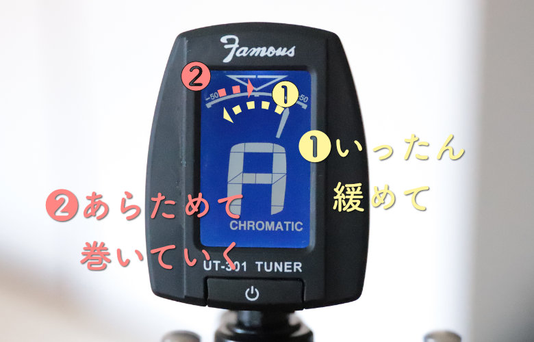 クリップ型チューナー：針が中心を超えてしまったら